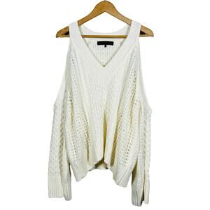 House of Harlow 1960 Cold Shoulder Knit Top Sweater Casual Cream V Neck - M